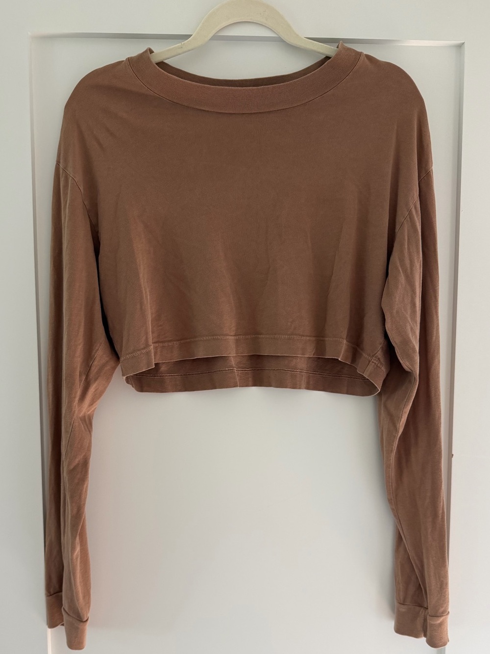 Studio Sunday Cropped Long-Sleeve Crewneck Top — Brown